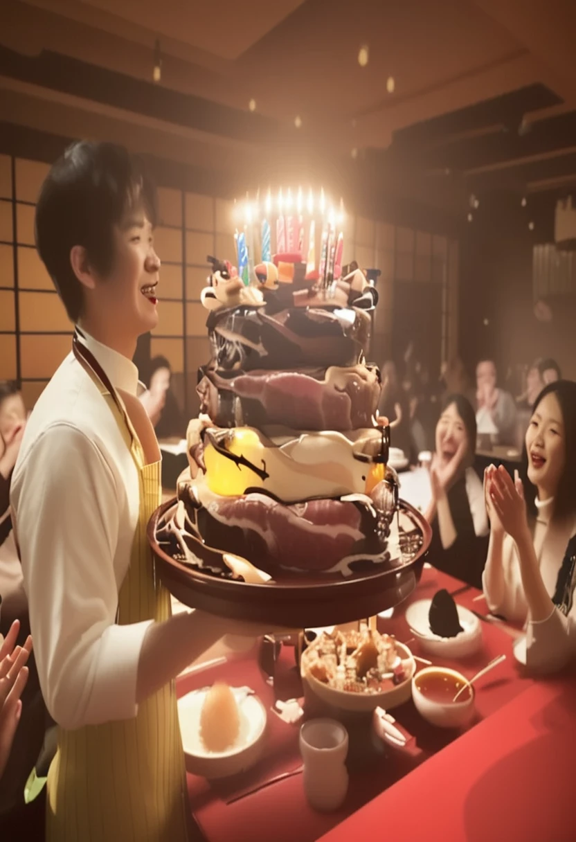 In a hot pot restaurant, a server carries a birthday "cake" made of stacked beef slices, topped with candles, and sings a birthday song to a customer, while others clap along, creating a warm and joyful scene. Photorealistic, ultra-detailed, and showcasing dynamic lighting, this masterpiece captures the raw energy of the moment.