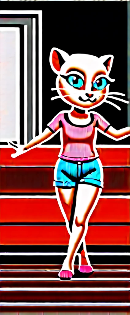 1 girl, cat, white fur, long whiskers on both sides of the face, large bright blue eyes, large black eyelashes, small pink nose, triangular ears with pink channels. There are high heels. Side view legs of woman wearing mini skirt are displayed above her legs on chair. crossed legs
