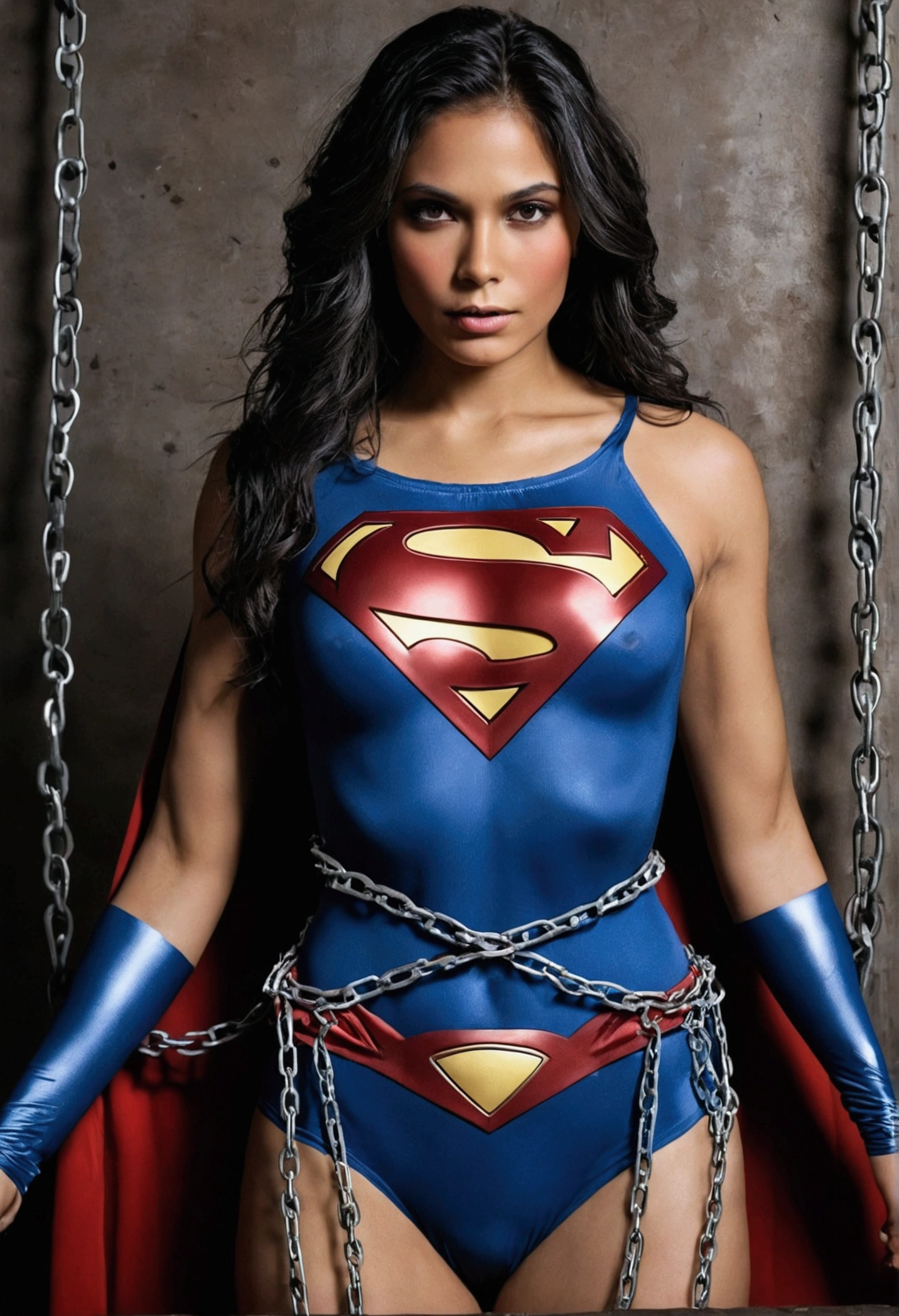 Superwoman,Wearing underwear,Tied with chains all over the body,There is milk on