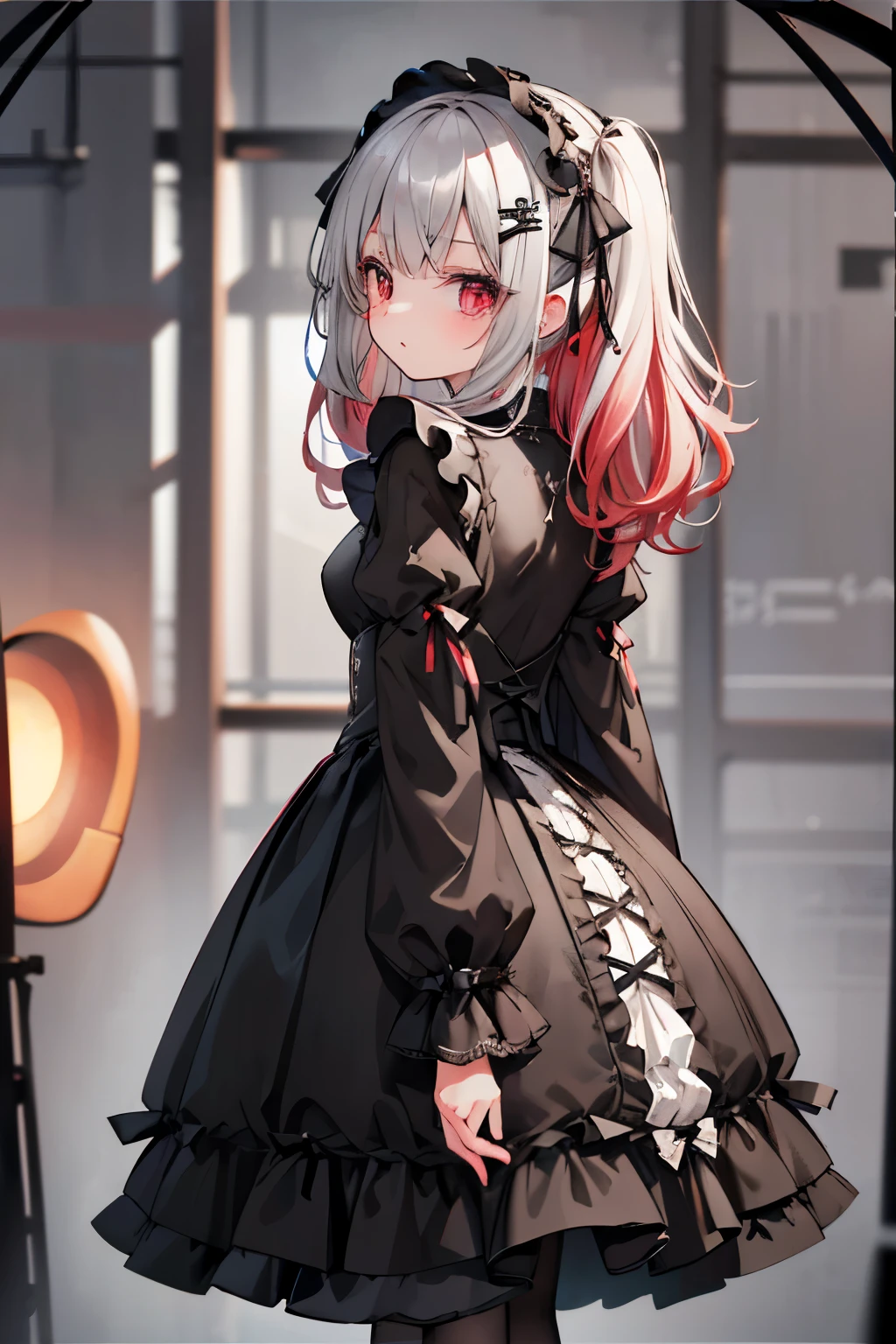 parfect anatomy、top-quality、masuter piece、ultra-detailliert、8k、Correct depiction of the human body、Full Body Angle、Delicately drawn face、Woman with a pretty face、Gothic ta Fashion、Black Gothic Loliashion、Black and white costume、Red big hair ornament、Red ribbon hair ornament、Red big hair ornament、Standing、(((blurry backround:1.5、Photography Studio、greybackground:1.5、greybackground、greybackground、greybackground、greybackground、Film Lighting、Professional Photographer)))