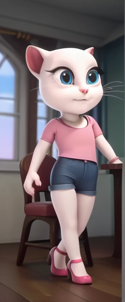 1 girl, cat, white fur, long whiskers on both sides of the face, large bright blue eyes, large black eyelashes, small pink nose, triangular ears with pink channels. There are high heels. Side view legs of woman wearing mini skirt are displayed above her legs on chair. crossed legs
