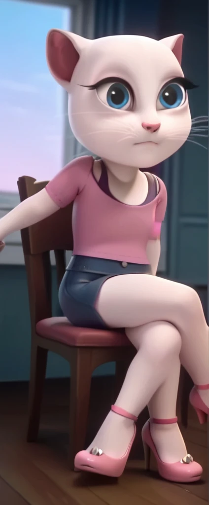 1 girl, cat, white fur, long whiskers on both sides of the face, large bright blue eyes, large black eyelashes, small pink nose, triangular ears with pink channels.      There are high heels.  Side view legs of woman wearing mini skirt are displayed above her legs on chair.  crossed legs