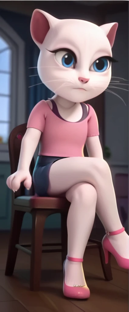 1 girl, cat, white fur, long whiskers on both sides of the face, large bright blue eyes, large black eyelashes, small pink nose, triangular ears with pink channels.      There are high heels.  Side view legs of woman wearing mini skirt are displayed above her legs on chair.  crossed legs