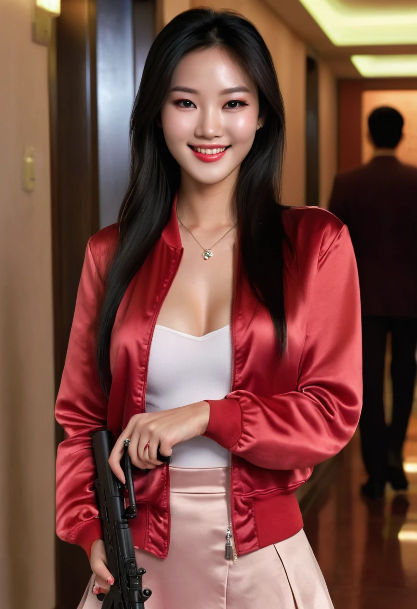 Half body photo, 1 beautiful Asian girl; coy smile, red satin bomber jacket with white sleeves; holding a full size MP5 gun in in her hands, m16 rifle black satin skirt,, long hair,wearing jewelry, natural makeup, extremely detailed eyes and face, lovely smile, delicate blush, sensuous lips, intricate facial details, perfect skin, flawless skin texture perfect, ; standing in a long hallway with many doors, evening lighting, vivid colors, , subtle , dreamy, luxurious atmosphere, low lighting; Super high quality, surreal, 8K, high resolution, masterpiece, detailed, extremely magical, professional cinematic lighting, , vibrant colors; Fine brushstrokes,ethereal vibe,mesmerizing gaze,dreamy atmosphere,blending elegance,subtle color gradients,,understated beauty. In the background several men lay unconscious on the hallway floor