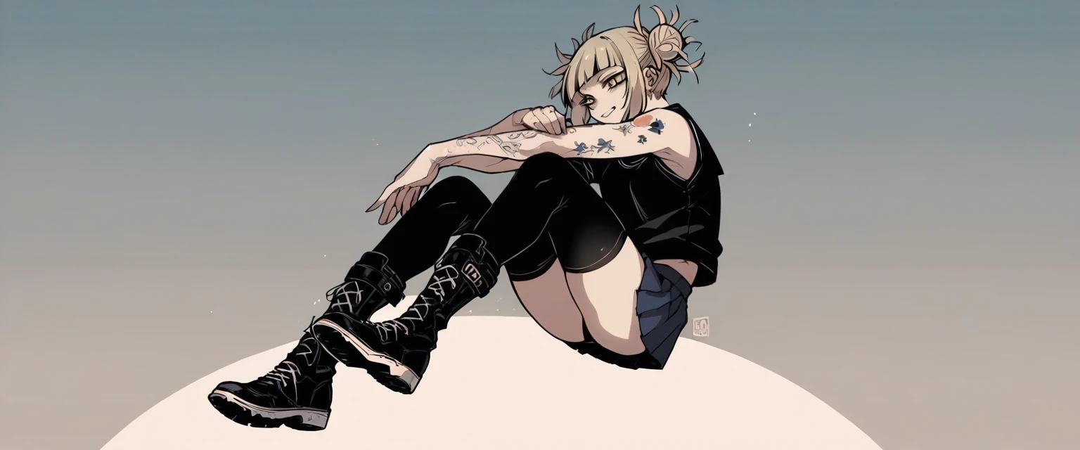 Himiko Toga wearing a black sweatshirt, black boots and a short skirt with black stockings (tattoos on arms and hands)