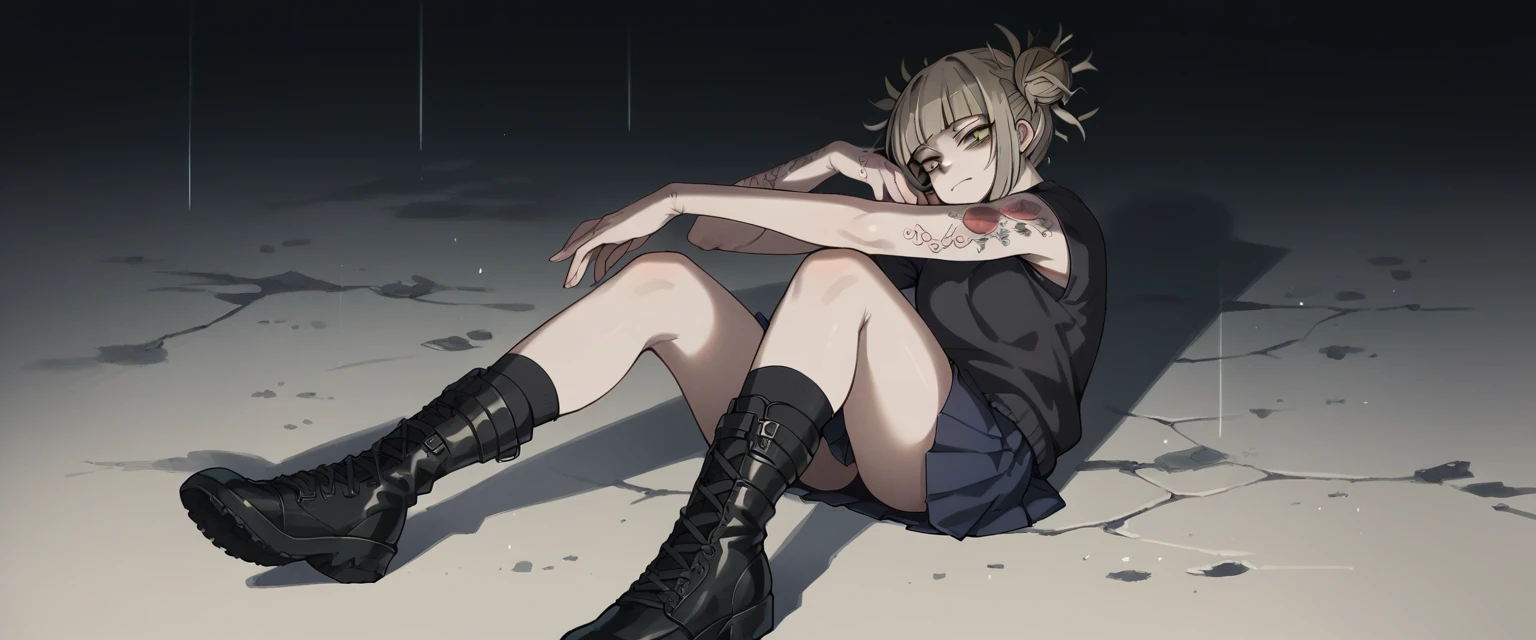 Himiko Toga wearing a black sweatshirt, black boots and a short skirt with black stockings (tattoos on arms and hands)