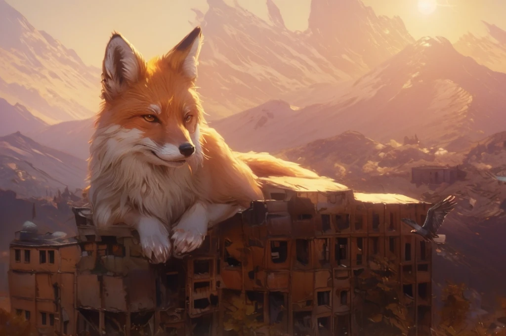 Magic Digital Illustration, surrealism, sunrise, abandoned city in the mountains, autumn, forest grow on the mountains, huge cute spirit fox lying on a building, mountain eagle flying in the foreground, the sun is shining on the right, calm peaceful atmosphere, natural light, magical light, visible brush strokes, (( Artem Chebokha, Devin Elle Kurtz, (Rossdraws style) )), Peter Morbacher style, awarded at artstation, cinematic light