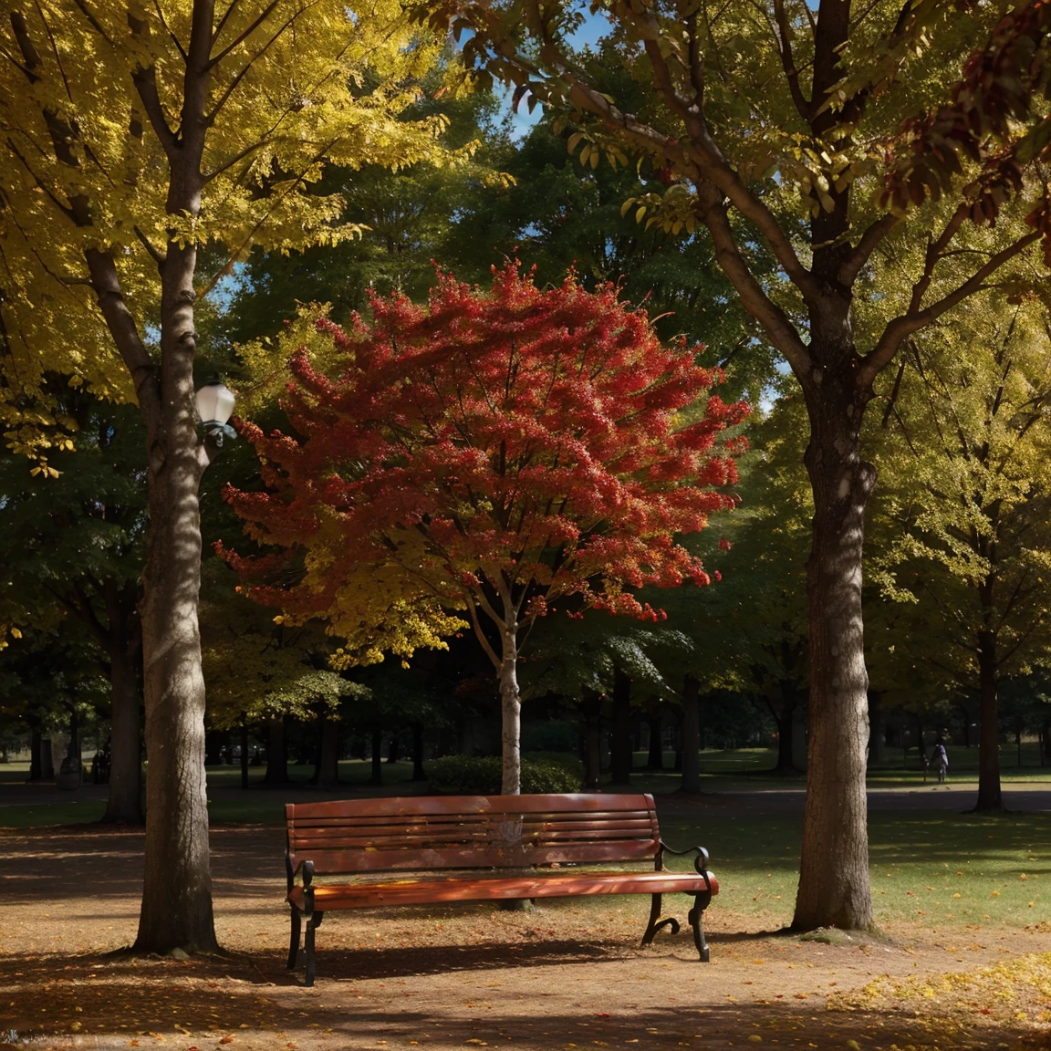 draw a beautiful rowan bush with bright red berries in the center of the park, surrounded by golden leaves of trees, illuminated by the warm rays of the sun. Nearby stands a carved bench made of black metal., decorated with graceful patterns in the form of leaves and branches. Around the square there are golden flower beds with colorful flowers and bushes., creating a bright and colorful environment