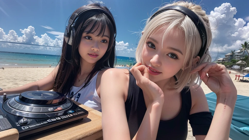 (ultra - detailed, 16K resolution, Cinema lenses, rendering by octane), (high resolution:1.18), intricate detail, (masterpiece:1.1), (highest quality:1.1), (1girl, portrait, white hair, blue eyes, short hair, detailed eyes),Wearing silver DJ headphones, sequined T-shirt, (in the beach:1.5), (Iconic hip-hop pop costumes:1.3), Smile while DJing on stage, DJ studio next to the beach, ((A stylish DJ stage on a hill overlooking the beach)), full body shot, Photorealistic photography by Sunshine, (cute round face:1.3), perfect fingers, five fingers, beautiful hands, perfect hands. master peace, cute smile, Fixhand.