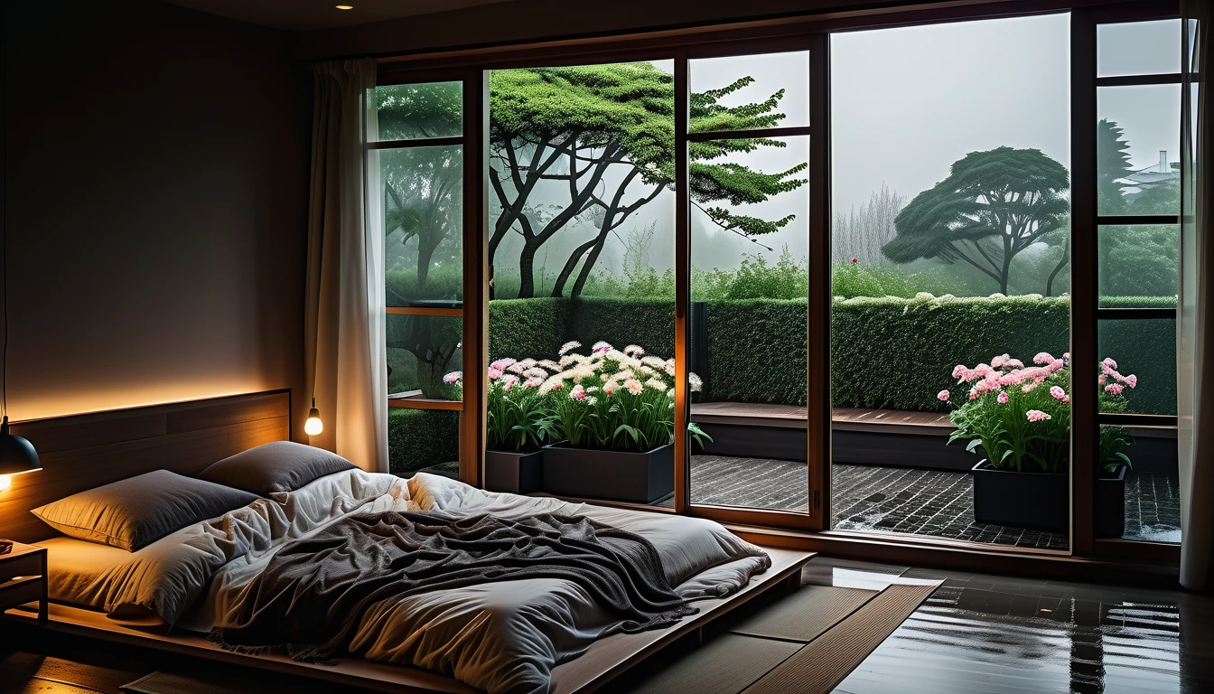 The picture shows a cozy gloomy bedroom, with a large window offering a view of a beautiful, dimly lit garden AND a garden soaked in FLOWERS, the cobblestones of the Japanese house concept. CINEMATIC, JAPANESE HOUSE, the shape of a Japanese house, and lots of flower gardens in the garden. The bed was unmade with rumpled sheets, indicating only a light sleep. the room is dark, gloomy, looks dim, gloomy. Beside the bed there is a small table with a classic lamp that radiates warm light into the room. Outside the window you can see the lush greenery of the terrace or balcony area, the rain is falling, the lamp on the left provides warm lighting, creating a calm and peaceful atmosphere. with fog obscuring part of the view in the distance. The contrast between the warmth indoors and the rain outdoors creates an inviting and calming atmosphere