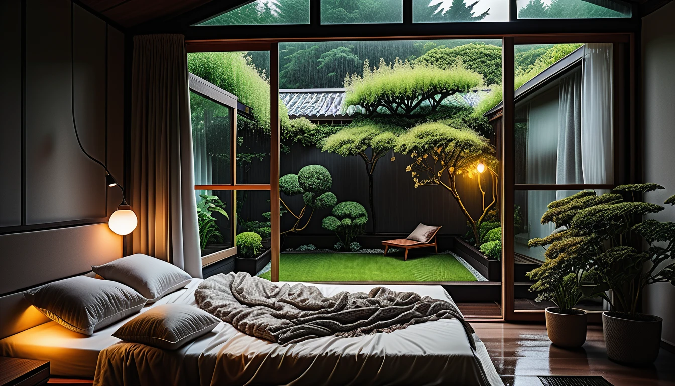 The picture shows a cozy gloomy bedroom, with a large window offering a view of a beautiful, dimly lit garden AND a garden soaked in FLOWERS, the cobblestones of the Japanese house concept. CINEMATIC, JAPANESE HOUSE, the shape of a Japanese house, and lots of flower gardens in the garden. The bed was unmade with rumpled sheets, indicating only a light sleep. the room is dark, gloomy, looks dim, gloomy. Beside the bed there is a small table with a classic lamp that radiates warm light into the room. Outside the window you can see the lush greenery of the terrace or balcony area, the rain is falling, the lamp on the left provides warm lighting, creating a calm and peaceful atmosphere. with fog obscuring part of the view in the distance. The contrast between the warmth indoors and the rain outdoors creates an inviting and calming atmosphere