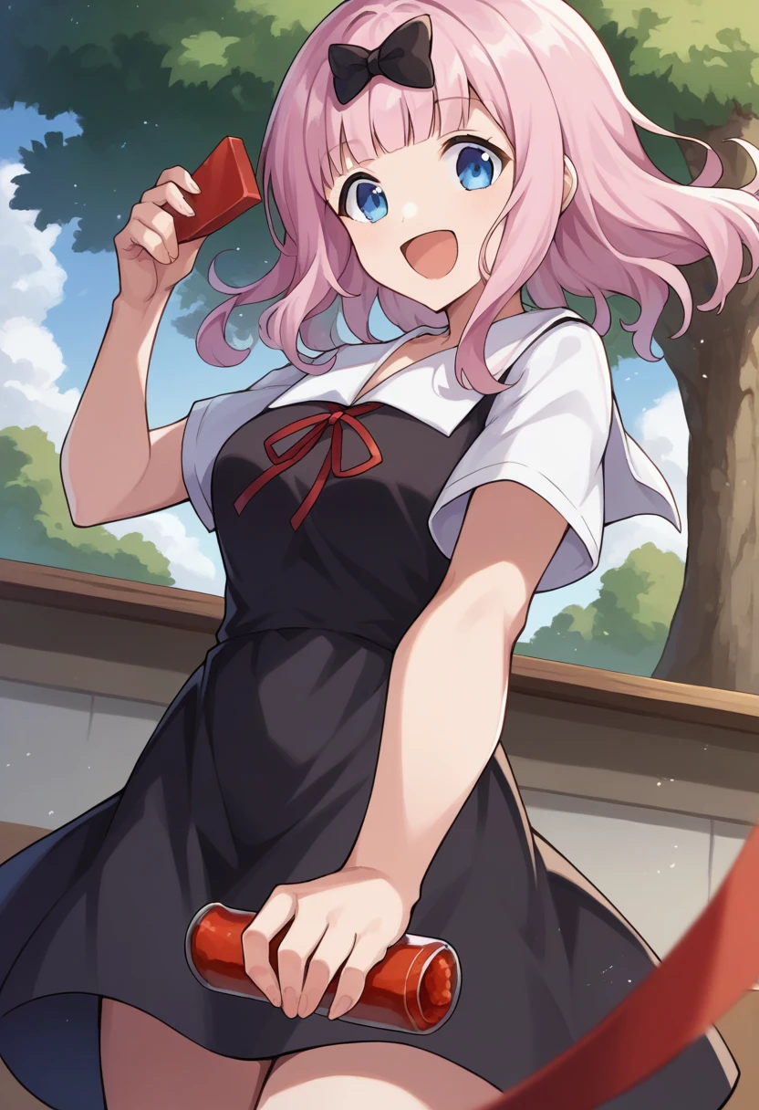 score_9, score_6_superior, sauce_anime, One girl, alone, classroom, Cowboy Shot, chika, blue eyes, Pink Hair, Hair Ribbon, Black Bow, Black Dress, White sailor collar, Neck ribbon, Red ribbon, Short sleeve, White shirt, smile, Open your mouth, tree