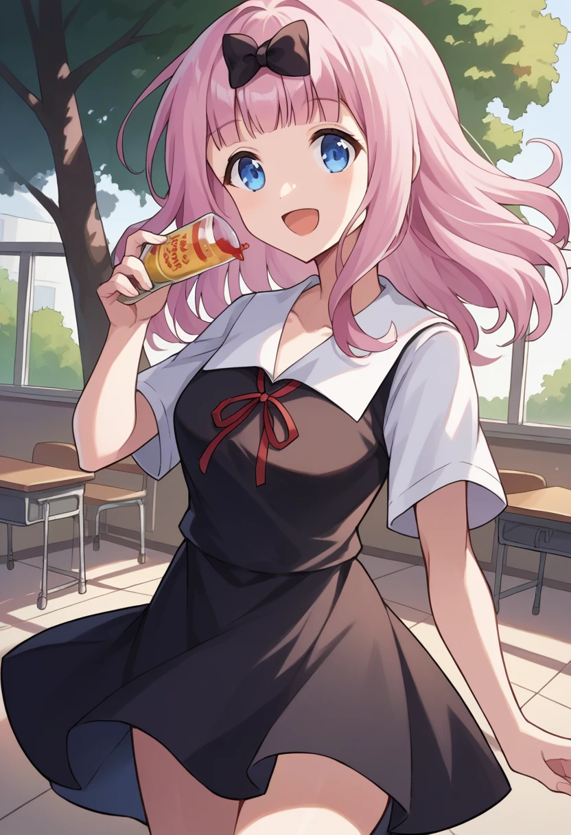 score_9, score_6_superior, sauce_anime, One girl, alone, classroom, Cowboy Shot, chika, blue eyes, Pink Hair, Hair Ribbon, Black Bow, Black Dress, White sailor collar, Neck ribbon, Red ribbon, Short sleeve, White shirt, smile, Open your mouth, tree
