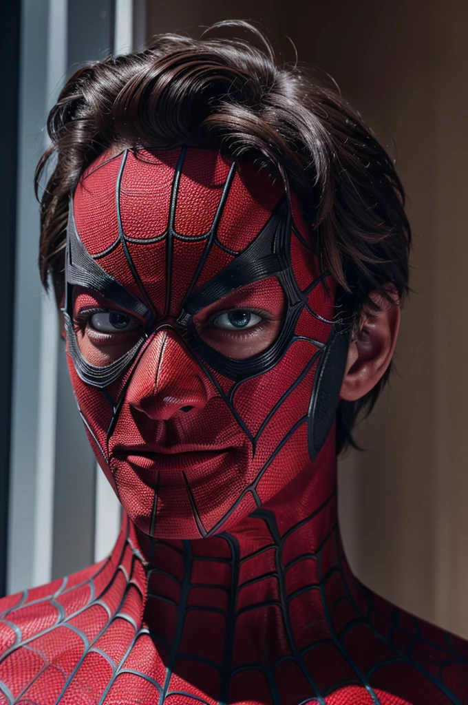 A photograph of spider man, no mask, 20 yo, handsome, detailed face, looking at camera, portrait, 8k uhd, high quality