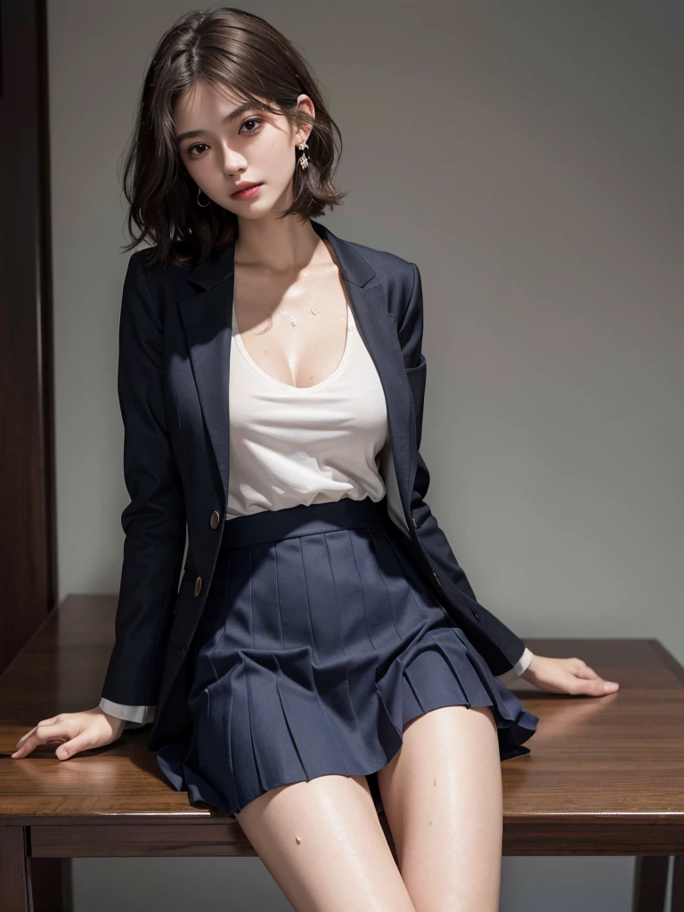 absurdres, RAW photo, extremely delicate and beautiful, masterpiece, Best Quality, ultra high resolution, 16k, hyperrealistic, ultra-detailed, perfect anatomy, super Detailed skin, perfect figure, Very detailed CG 8k wallpaper, in her 20s, very Slim body, narrow waist, very small head, very small face, delicate facial features, tearful mole, earring, thin legs, (very huge round breasts), ((full body shot)), short hair, (wavy hair), light brown hair, 1 girls, ((sweat)), ((school uniform)), (blazer),