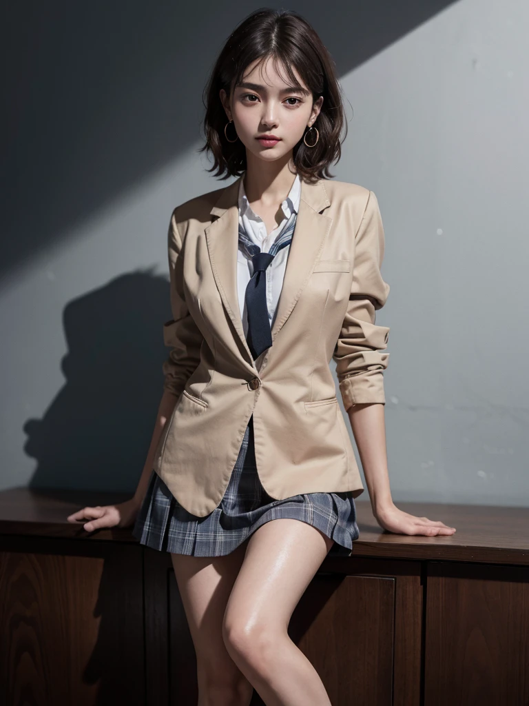 absurdres, RAW photo, extremely delicate and beautiful, masterpiece, Best Quality, ultra high resolution, 16k, hyperrealistic, ultra-detailed, perfect anatomy, super Detailed skin, perfect figure, Very detailed CG 8k wallpaper, in her 20s, very Slim body, narrow waist, very small head, very small face, delicate facial features, tearful mole, earring, thin legs, (very huge round ), ((full body shot)), short hair, (wavy hair), light brown hair, 1 girls, ((sweat)), ((school uniform)), (blazer),