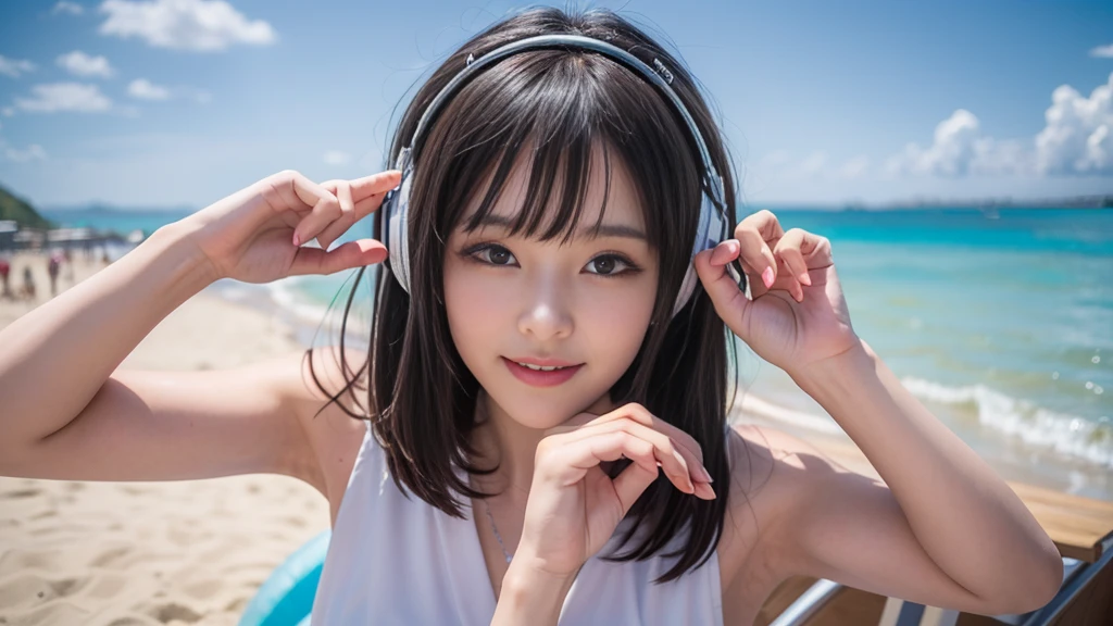 (ultra - detailed, 16K resolution, Cinema lenses, rendering by octane), (high resolution:1.18), intricate detail, (masterpiece:1.1), (highest quality:1.1), (1girl, portrait, white hair, blue eyes, short hair, detailed eyes),Wearing silver DJ headphones, sequined T-shirt, (in the beach:1.5), (Iconic hip-hop pop costumes:1.3), Smile while DJing on stage, DJ studio next to the beach, ((A stylish DJ stage on a hill overlooking the beach)), full body shot, Photorealistic photography by Sunshine, (cute round face:1.3), perfect fingers, five fingers, beautiful hands, perfect hands. master peace, cute smile, Fixhand.