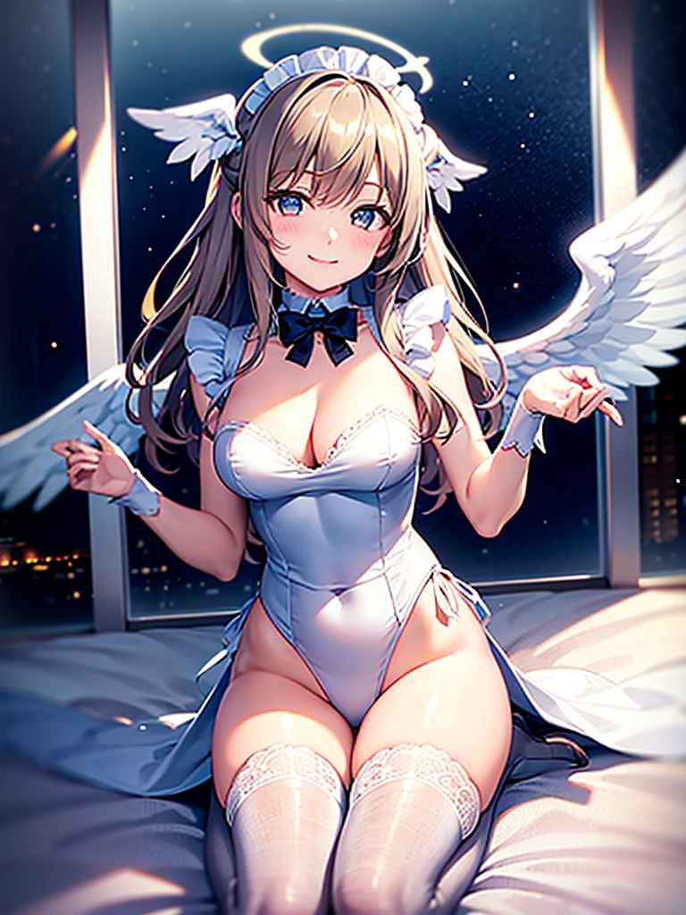Highest Resolution,8K quality,Smiling beautiful girl in maid leotard,High leg,Frills,White angel wings on your back,Halo,Bedroom,Night view outside the window,Very beautiful eyes,whole body,front,Knee-high stockings,