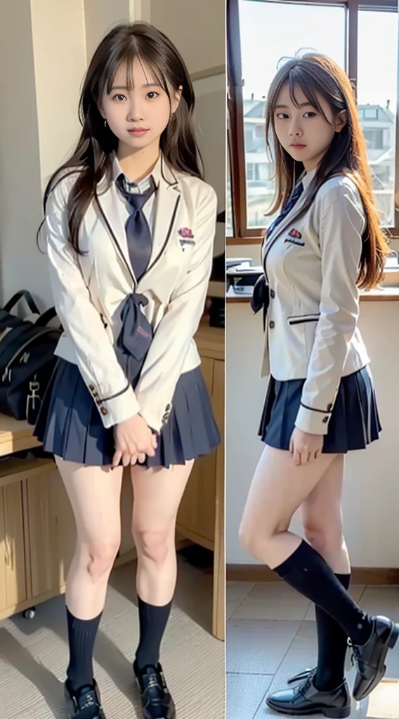 mix4, (16K, Raw photography, Top image quality, ​masterpiece: 1.45), (realisitic, Photorealsitic: 1.37), one girls, cute little, A city scape,, profetional lighting, photon maping, school classrooms, physically-based renderingt, dark brown  hair,pony tail hairstyle, Well-groomed and beautiful eyes、((double eyelid))、Transcendent Cute Girl, (((student clothes、blazers、Long sleeve shirt worn by Japan high school girl、Ribbon Ties、Dark blue mini skirt,、Dark blue socks、Black loafers))), Top Quality Photos, hight resolution, 1080P, (clearface), (Detailed face description), (Detailed hand description), (​masterpiece), (Exquisite CG)、extreme light and shadows、dishevled hair、master work、abundant detail、(Fine facial features)、(top quality photo)、(masuter piece)、(A detailed eye)、Look in front of you、Fine clavicle、((Slender big))、(((Japan schoolgirls wear jackets and long-sleeved shirts)))、((Neat and clean idol))、((School Gate、school ground、School building in the background))、(Shooting from random perspectives)、(((Anyway cute)))、earrings、A big smile、Drawing the whole body from the knees、Do not draw nasolabial folds、(((Sports bags used by Japan schoolgirls)))、(Big breasts that hang down big:1.2)、Big buttocks with tension、Two arms and two legs、(((from the front side:0.7)))、bare hand、(((Left and right symmetrical eyes)))、Standing Pose、Put your hands on your desk、Do not take the tie out of the jacket、Raise your buttocks:1.5，barebacked:1.5，
