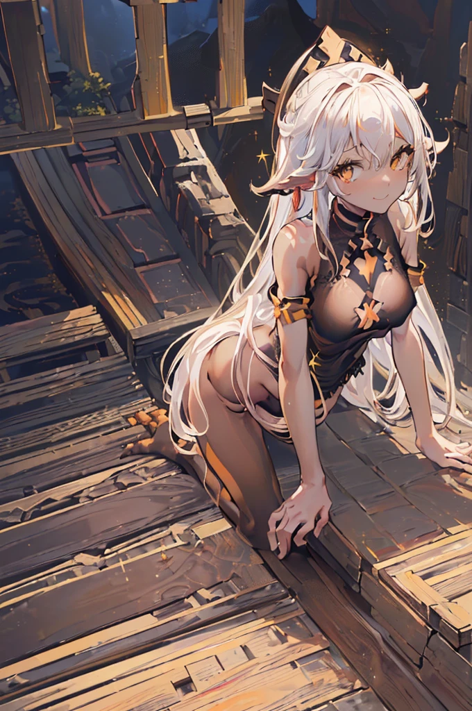 masterpiece, Naked Girl, (chained), (shackles), (small breasts), (barefoot), Long wavy hair, Silver Hair, smile, (on one knee), looking at the camera, Face Focus, legs apart