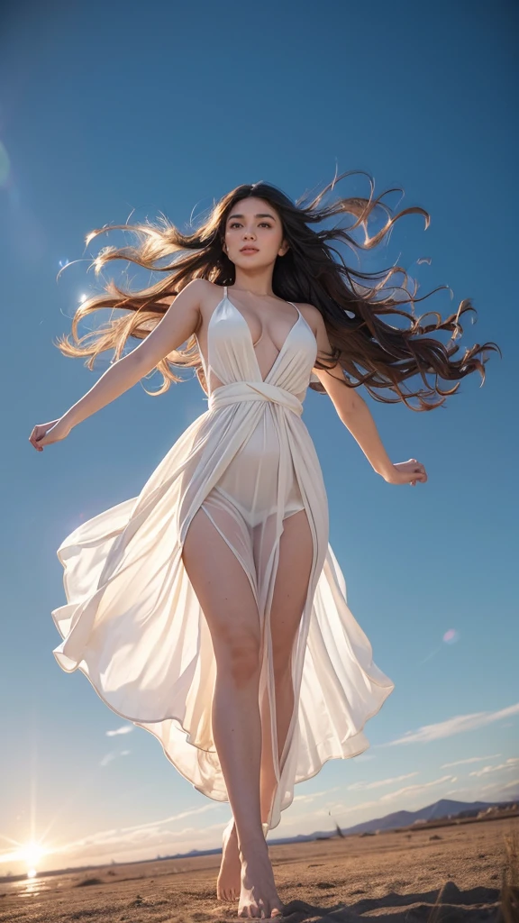 Angelic girl, wavy hair, hair blown by strong winds, her feet is off the ground, flying, posing in the middle, symmetrical pose, extremely beautiful, transparent long dress with high slit, fit body, full body, facing viewers, arms outstretched, looking up, surrounded by glowing lights, backlight, expansive nature view in the background, from below,epic details, high resolutions, realistic skin,