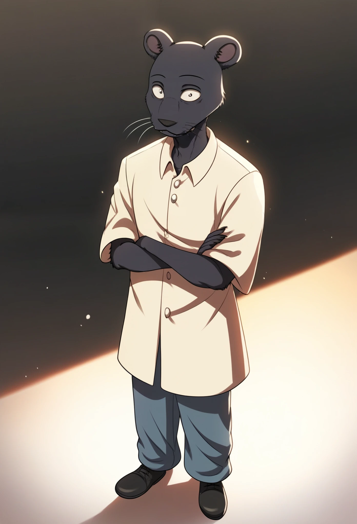 punctuation_9, punctuation_8_High above, punctuation_7_High above, punctuation_6_High above, beastars, person_(beastars), Full length_portraite, hey_resolution, portraite, anthropo, blackw_cos, blackw_coat, blackw_Face, crossed_arms, coat, mascle, melanistic, Simpler_fund, standing alone, standing, wheyskers,