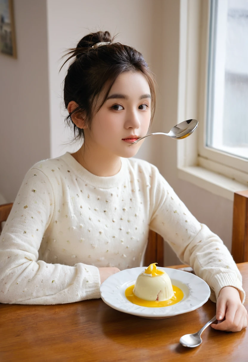 1 Girl, Solitary, sit, table, spoon, pudding,, masterpiece, best quality,