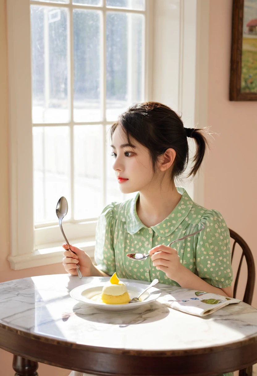 1 Girl, Solitary, sit, table, spoon, pudding,, masterpiece, best quality,
