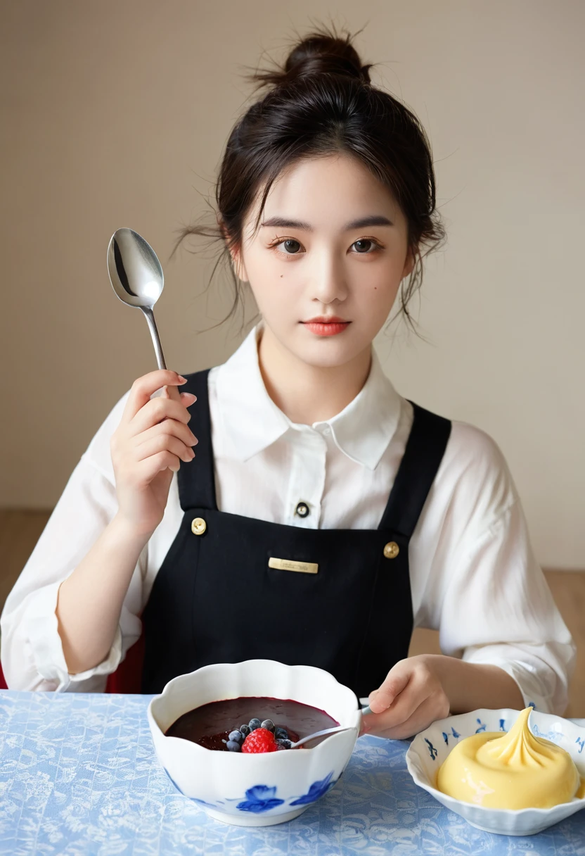 1 Girl, Solitary, sit, table, spoon, pudding,, masterpiece, best quality,