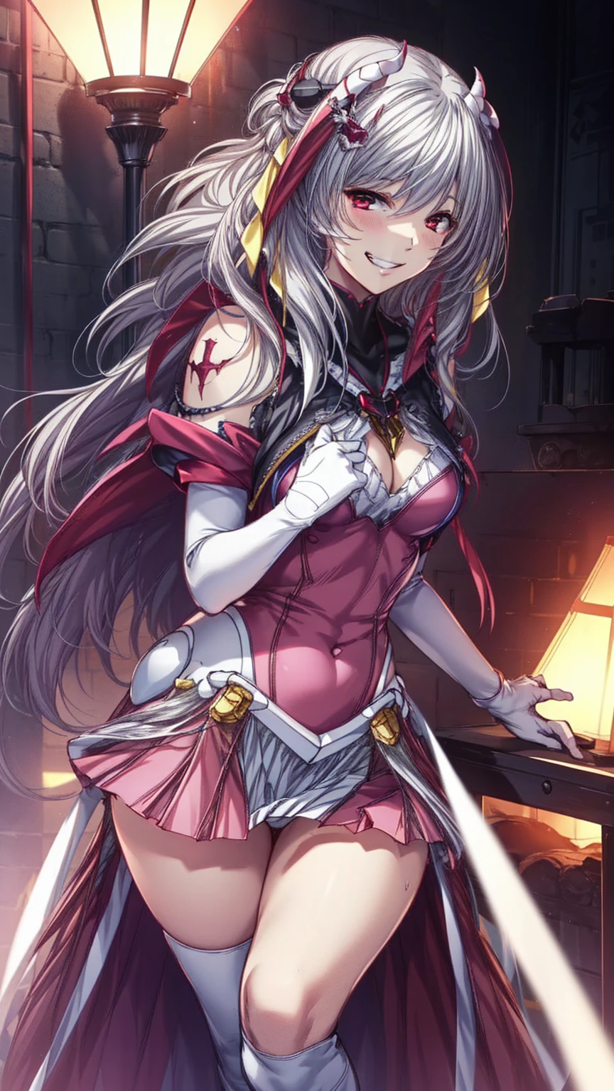 12k,Escalayer,long hair,hair_ornament,Red eyes,Pink Dress,White long gloves,thigh_boots, Embarrassing ,blush,,,White panties,,masterpiece,Noise Reduction,Perfect Anatomy,High resolution, Very detailed,Game CG,Dutch Angle ,Beautiful attention to detail,Visual Arts,Five Fingers, Perfect hands, Perfect lighting,,Red eyes,(Silver hair:1.6),(evil Smile:1.8),(Inside the futuristic base:1.1)、puff sleeve
