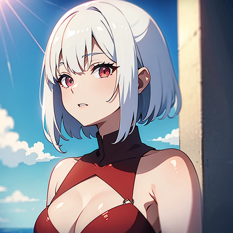 (white short hair)(red eyes)(dress)(sit)(anime)4K