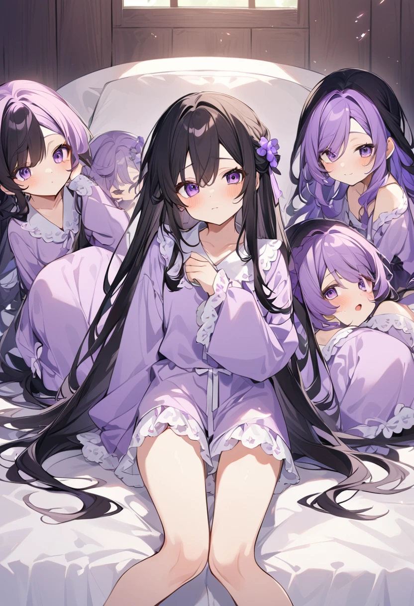 Keito。Purple pajamas。Purple Eyes。Black Hair。Six Barefoot Sistery eldest daughter has lavender hair.。all female。Sextuplets。Purple bed