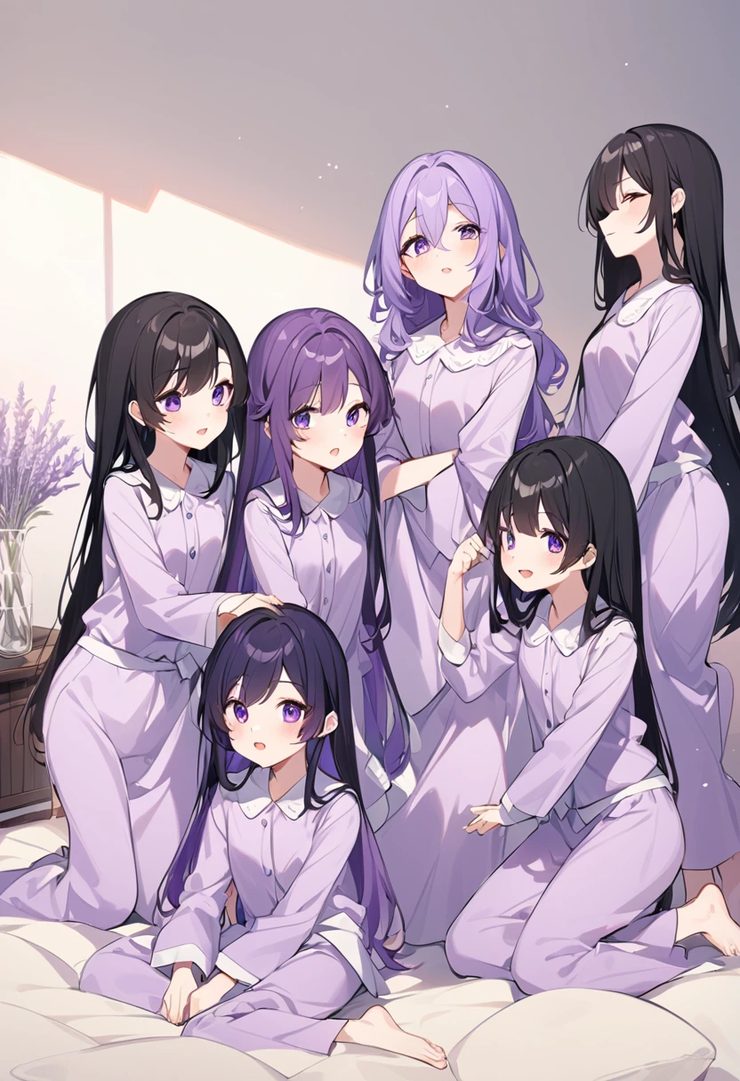 Keito。Purple pajamas。Purple Eyes。Black Hair。Six Barefoot Sistery eldest daughter has lavender hair.。all female。Sextuplets。Purple bed