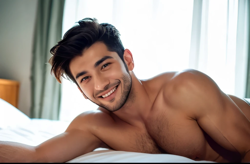 italian 25yo guy , dark short hair with fade, muscular man, Appearance ,wearing only white transparent micro thong underwear,confident expression,Sharp jawline,vibrant skin,smiling,handsome face,Lying in bed,bedroom,professional studio lighting,realistic,In Ferrari, photorealistic:1.37,portrait,vivid colors,cool tone,soft lighting,smiling,The sight that welcomes me