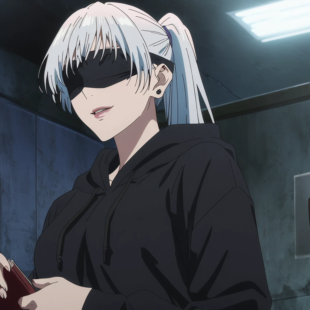 1girl, female gojo satoru, anime screencap from jujutsu kaisen, gojo satoru female version, solo, long_hair, ((wearing black fold)) ((White_hair, ponytail)), night view, (hanging breaser_body, smile, indoors, book, lips, (long hair) ((wearing black colour hoodie )) breast, "veriled and high resolution" (black blindfold) ((solo)front view))) (earings) ((high resolution)) ((good quality)) ((silky hair, ponytail))