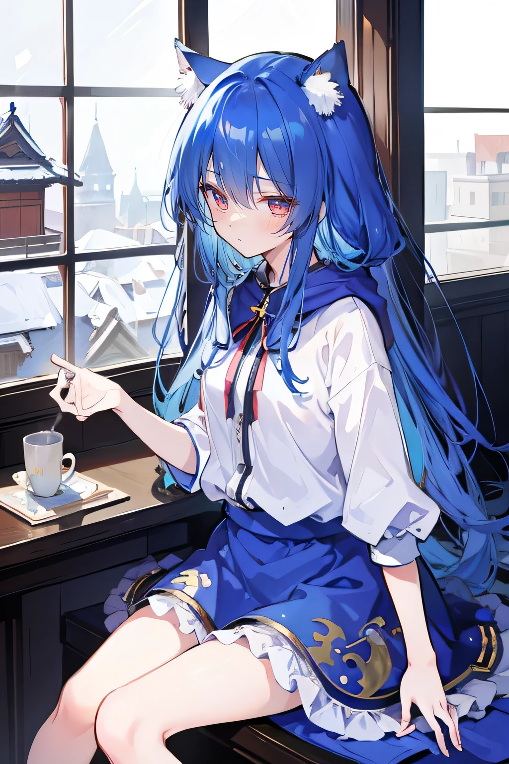 （masterpiece：1.2），Super detailed，lifelike，Expressive eyes，fair skin，perfect face shape，1 girl，
Japanese comics,Gorgeous blue hair,flowing blue hair,flowing clothes,Cat ears,Petals fall,beautiful lola,Baby Angel,
Shaking head with one hand，Cross your legs，Gentle and peaceful background，The pavilion is cool and comfortable,smile, wearing hoodie, In front of the window,snowing