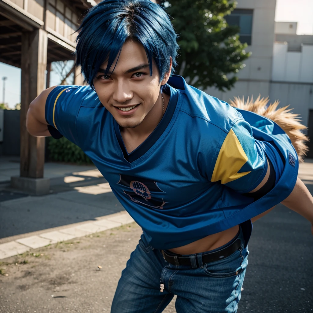 a monster to a guy with blue wings that looks like he is a Japanese anime style, Gaming texture, manga cover style, Dota2 hero VConUPLE, A close up of A man Person Walking Facing Right, high angle perspective, a Mouth Smile, Boys Face style, Black with Blue Japanese Hairstyles For Men, Yellow_Eyes, skill Efforts, light, Blue flames cool, High, a anime Highest style, Blue Hair, powerful, T-shirts, Color cape Blue, a in cool Realistis, a scenery sunset background Buram Perbesaran, digital anime style, sunset, UHD, Lens flare, digital Style, manga cover style, 3d cg rendering, HD Best quality