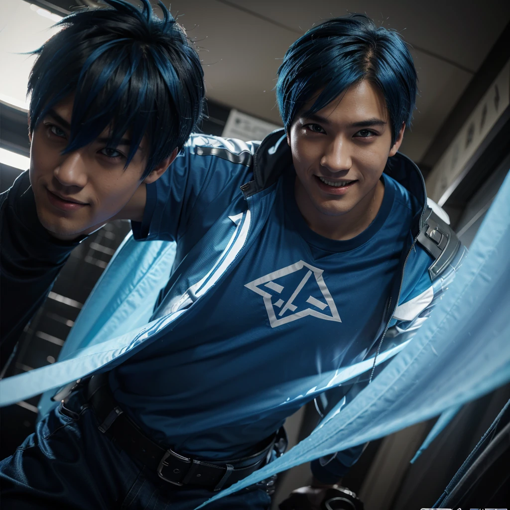 a monster to a guy with blue wings that looks like he is a Japanese anime style, Gaming texture, manga cover style, Dota2 hero VConUPLE, A close up of A man Person Walking Facing Right, high angle perspective, a Mouth Smile, Boys Face style, Black with Blue Japanese Hairstyles For Men, Yellow_Eyes, skill Efforts, light, Blue flames cool, High, a anime Highest style, Blue Hair, powerful, T-shirts, Color cape Blue, a in cool Realistis, a scenery sunset background Buram Perbesaran, digital anime style, sunset, UHD, Lens flare, digital Style, manga cover style, 3d cg rendering, HD Best quality