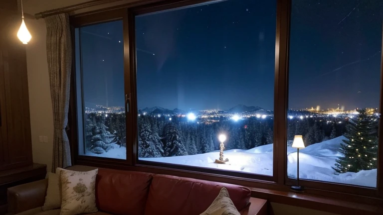 Floor-to-ceiling windows,There is a sofa in front of the window,night,There are stars,Snow on trees,There are oil lamps on the table,There is a Christmas tree。There are mountains in the distance