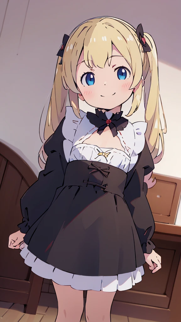 ((masterpiece))((Highest quality))girl、smile、blush、Flat Chest、Are thin、Blonde Hair、Are standing、Low - Angle、front、No background、真frontのアングル、Gothic Lolita、Twin tails、Fisheye Lens