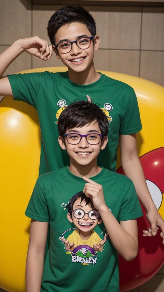 A 16-year-old young man with thick, short hair, wearing glasses with green frames, wearing a purple T-shirt with a yellow circle with an old cartoon character on it, and the boy smiles broadly, displaying teeth like the smile of Luffy D. Monkey