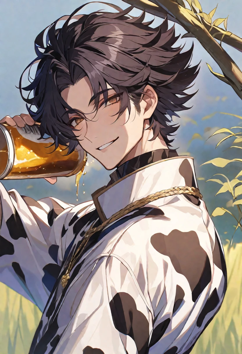 Solo,handsome,
1. male,
bangs,Bob Hair, mash hair ,the back of one's neck,
black hair,
Gojo Satoru ,
brown Eyes,Soft look,
beautiful,sexly,Darkness,gold necklace,
cow-patterned clothes,smile, drink beer,
simple background ,
meadow background,
