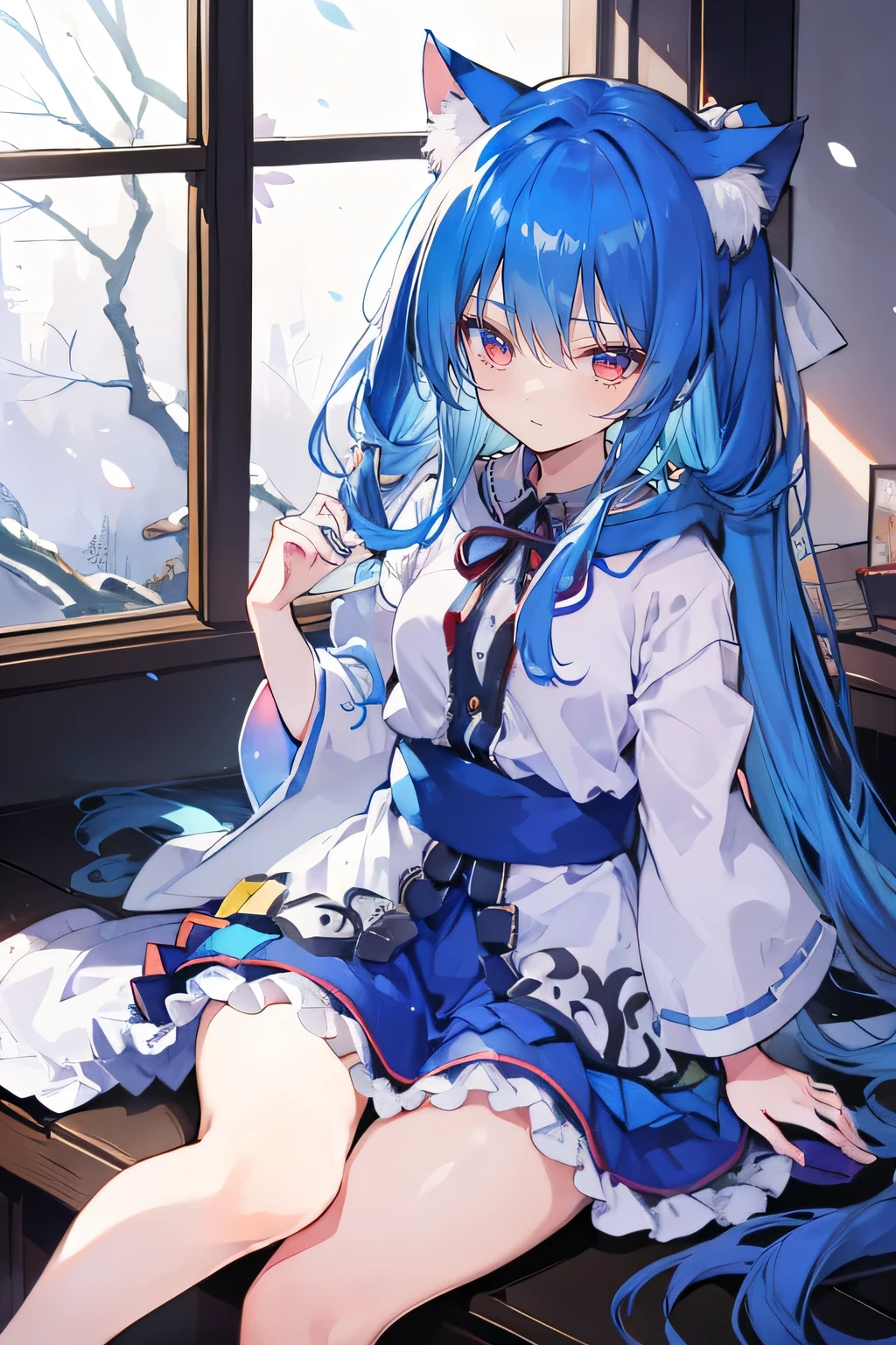 （masterpiece：1.2），Super detailed，lifelike，Expressive eyes，fair skin，perfect face shape，1 girl，
Japanese comics,Gorgeous blue hair,flowing blue hair,flowing clothes,Cat ears,Petals fall,beautiful lola,Baby Angel,
Shaking head with one hand，Cross your legs，Gentle and peaceful background，The pavilion is cool and comfortable,smile, wearing hoodie, In front of the window,snowing