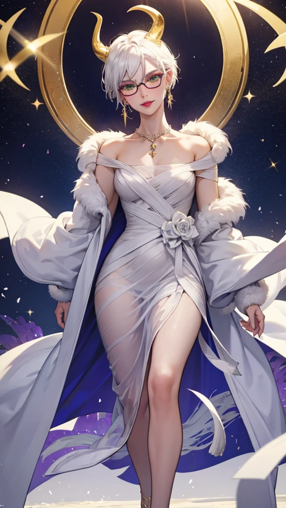 8k, masterpiece, best quality, highly detailed, 1 girl, tiefling, warlock, multicolored hair, very short straight hair green highlight hair on white hair, strippled hair, wearing glasses, round glasses, earrings, red eyeshadow, long eyelashes, blushed cheek, red lips, necklace, rings, collarbone, mole, glamorous, white and gold clothing, smirk, fullbody view, rings, looking at viewer, demon horns, solo, royal dress, palace, blue pale moon, standing, tattoo, halo, celestial, radiance, elegant dress, divine sigil.