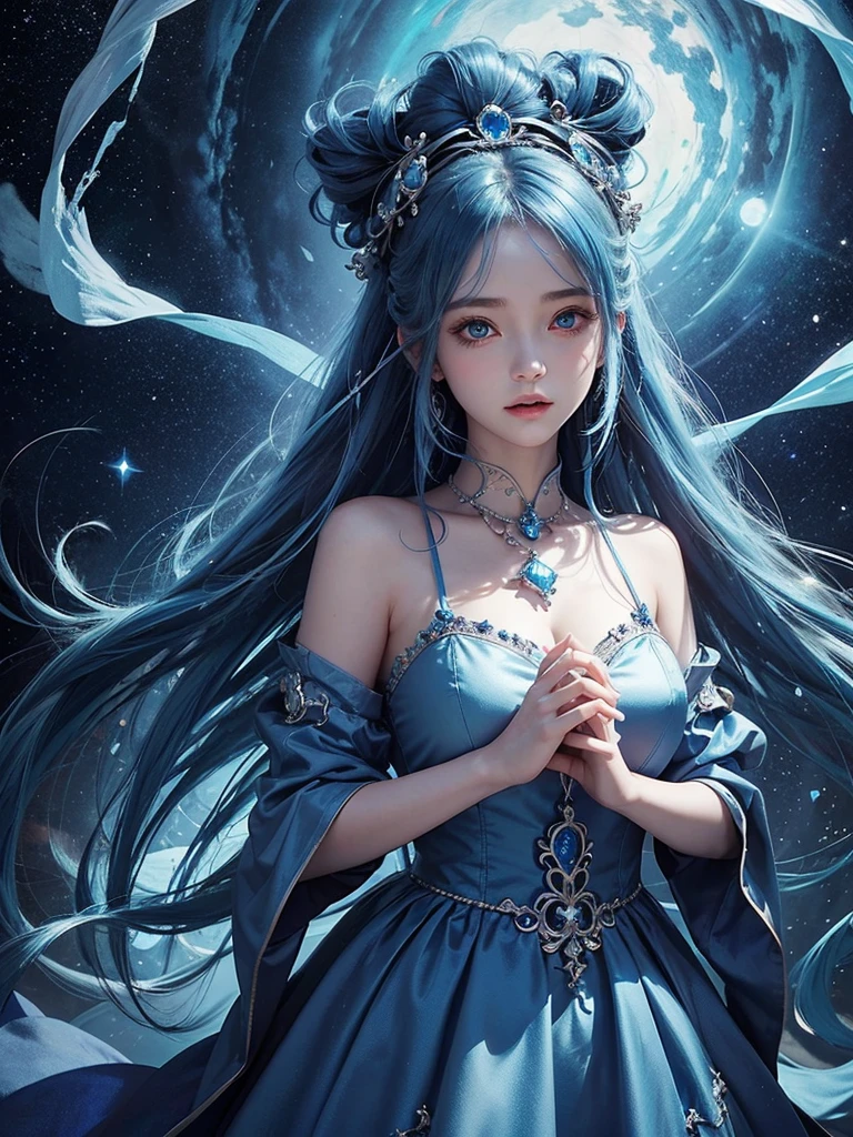 4K Ultra HD, masterpiece, A girl with a magical aura, Nice face, Long Hair, Shiny Hair, fine grain, Glossy Lips,, Aura around the body, Magical Effects, Spreading white light, Cosmic elements and ethereal atmosphere, A mix of bright lights and colorful nebulae, Space Background,, Whitening、(((Wearing light blue cloth 1.5)))、Hair and fabric blowing in the wind、(((See-through 1.5)))、(((Elegant pose 1.4)))、Bust up photo、(((Feeling Ecstasy 1.85)))、、Luxurious earrings and necklaces、(((1.5)))、Brown Hair、(((1.5)))