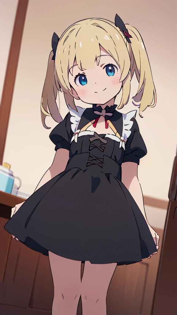 ((masterpiece))((Highest quality))girl、smile、blush、Flat Chest、Are thin、Blonde Hair、Are standing、Low - Angle、front、No background、真frontのアングル、Gothic Lolita、Twin tails、Fisheye Lens