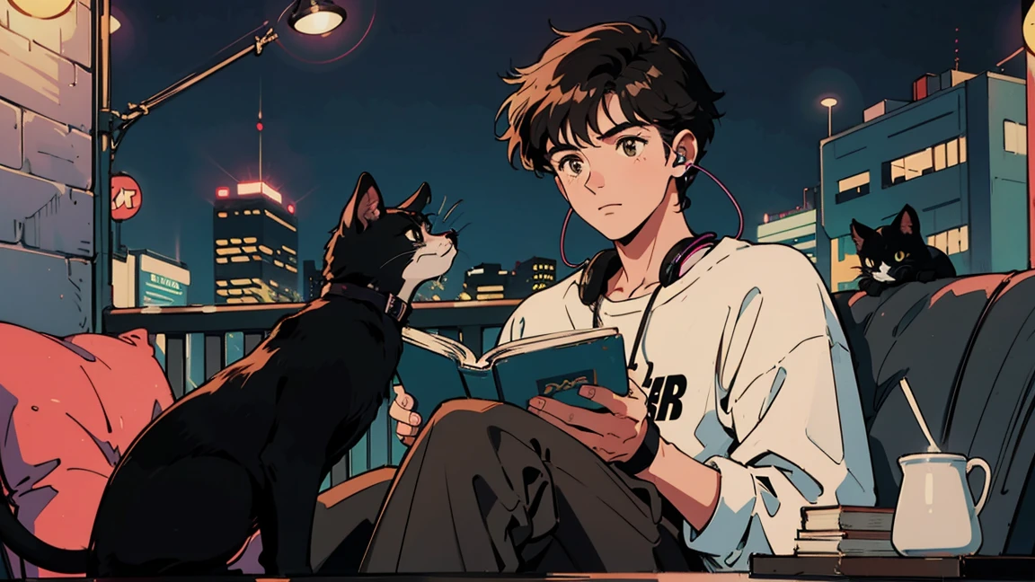 best quality, 8k, 1990s style,2010s hairstyles, 21-year-old boy, black hair, light brown eyes, city pop, pants ,night view, wearing headphones,reading a book, whole body, relax coffee,table,confection,Looking at me, Black cat