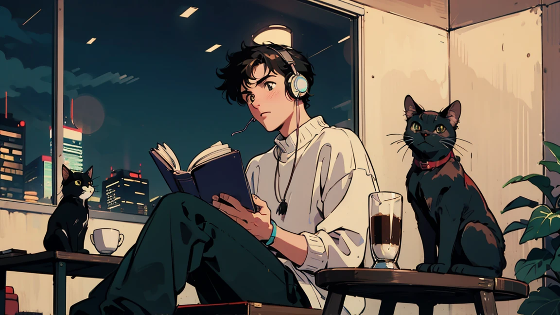 best quality, 8k, 1990s style,2010s hairstyles, 21-year-old boy, black hair, light brown eyes, city pop, pants ,night view, wearing headphones,reading a book, whole body,  relax coffee,table,confection,Looking at me, Black cat
