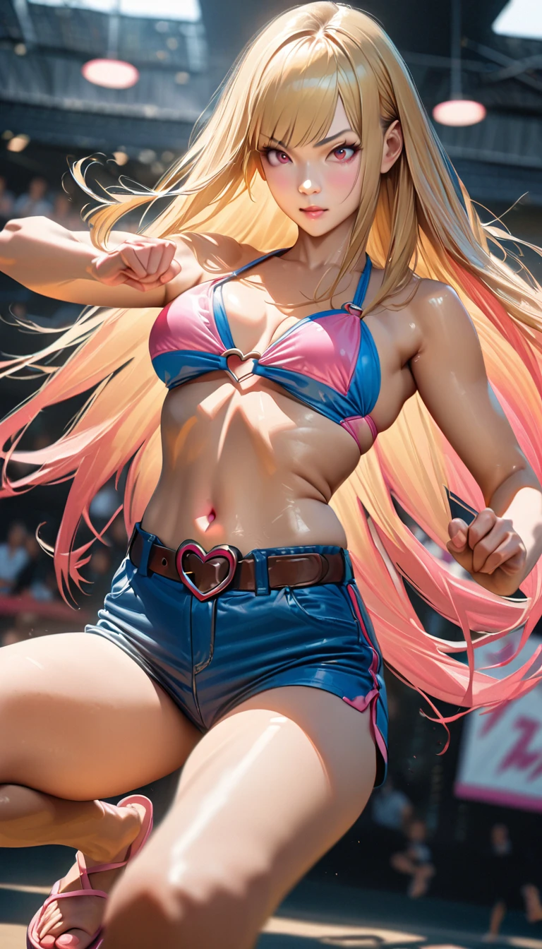 A young woman, blonde hair, chest-length hair, straight hair, side bangs, (bikini white cup, pink straps, pink center), expose navel, blue leather shorts, brown belt buckle with red heart-shape buckle, pink summer sandals, combat mode, martial arts stance, UHD, ultra detailed, ultra realistic, best quality