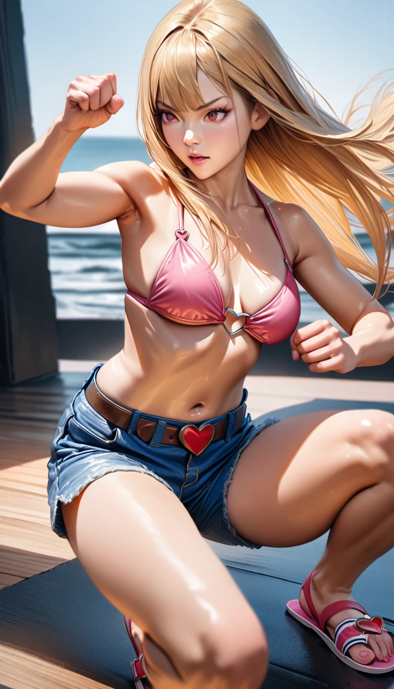 A young woman, blonde hair, chest-length hair, straight hair, side bangs, (bikini white cup, pink straps, pink center), expose navel, blue leather shorts, brown belt buckle with red heart-shape buckle, pink summer sandals, combat mode, martial arts stance, UHD, ultra detailed, ultra realistic, best quality